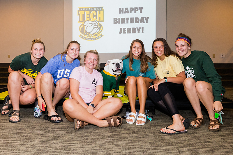 Jerry the Bulldog, campus ambassador at Arkansas Tech University, celebrated his sixth birthday with ATU students, faculty, staff, alumni and friends on July 17, 2019.
