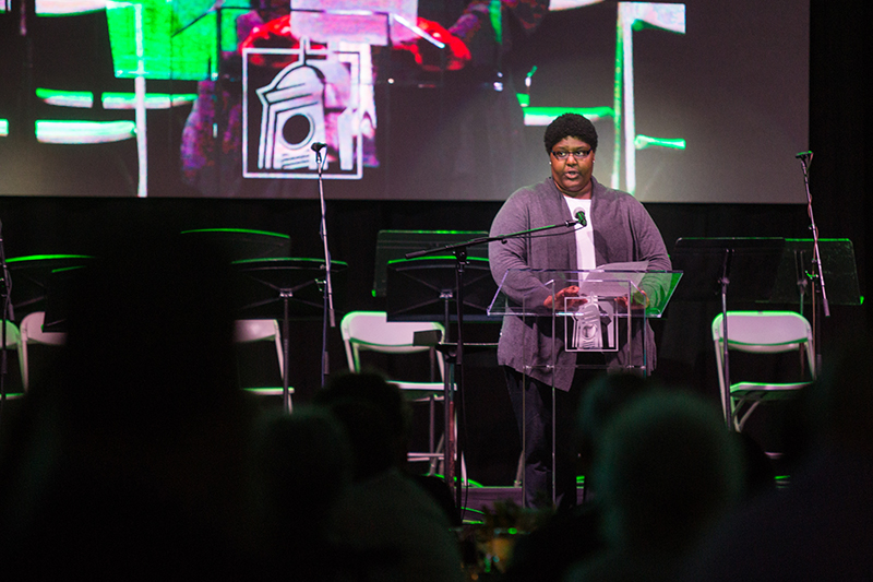 An ATU student speaks at the podium An ATU student speaks at the podium