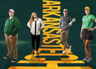 Coming Home… Full body shots of coaches Abby Davis, Kera Dukic, Luke Calcatera and Amy Anderson are positioned on a space-age grid of green. The composition is centered with the blazen gold words "Arkansas Tech"