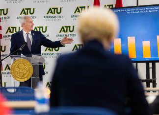 Hutchinson Visits ATU for Meeting, Press Conference Gov. Asa Hutchinson at ATU 7-29-2020