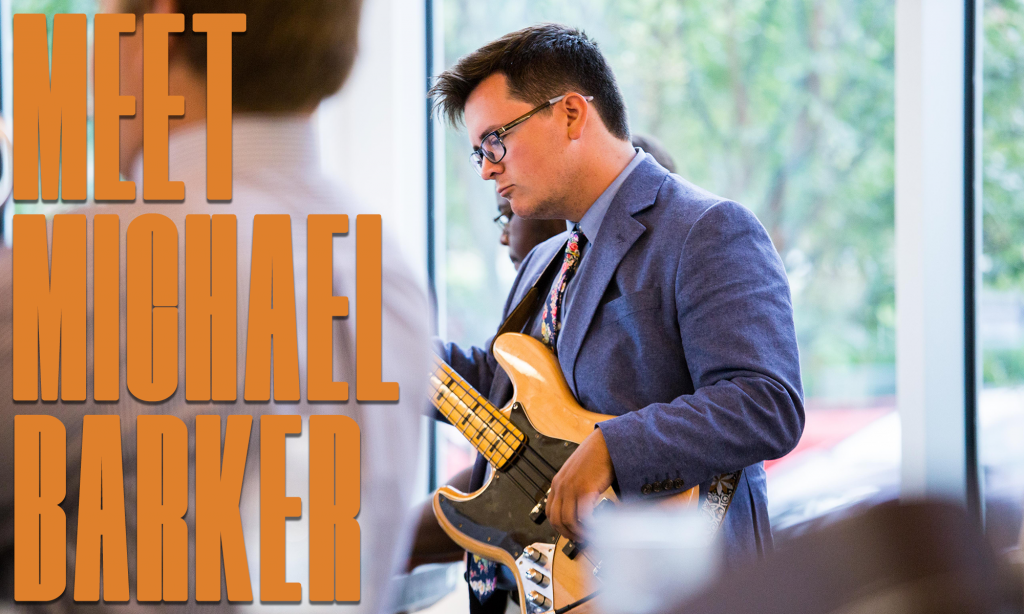 "Meet Michael Barker" graphic. Michael Barker, the subject of this story, is playing his bass guitar during the annual Jazz Brunch.