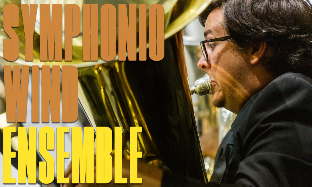 "Symphonic Wind Ensemble" graphic. Michael Barker plays euphonium during an indoor concert in 2019.