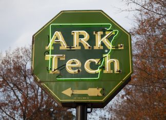 Historic Sign Resurfaces on Arkansas Tech Campus Arkansas Tech Neon Sign Close Up December 2021