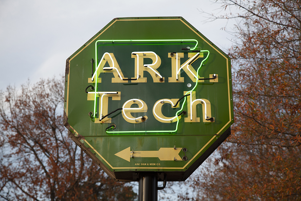 Arkansas Tech Neon Sign Close Up December 2021